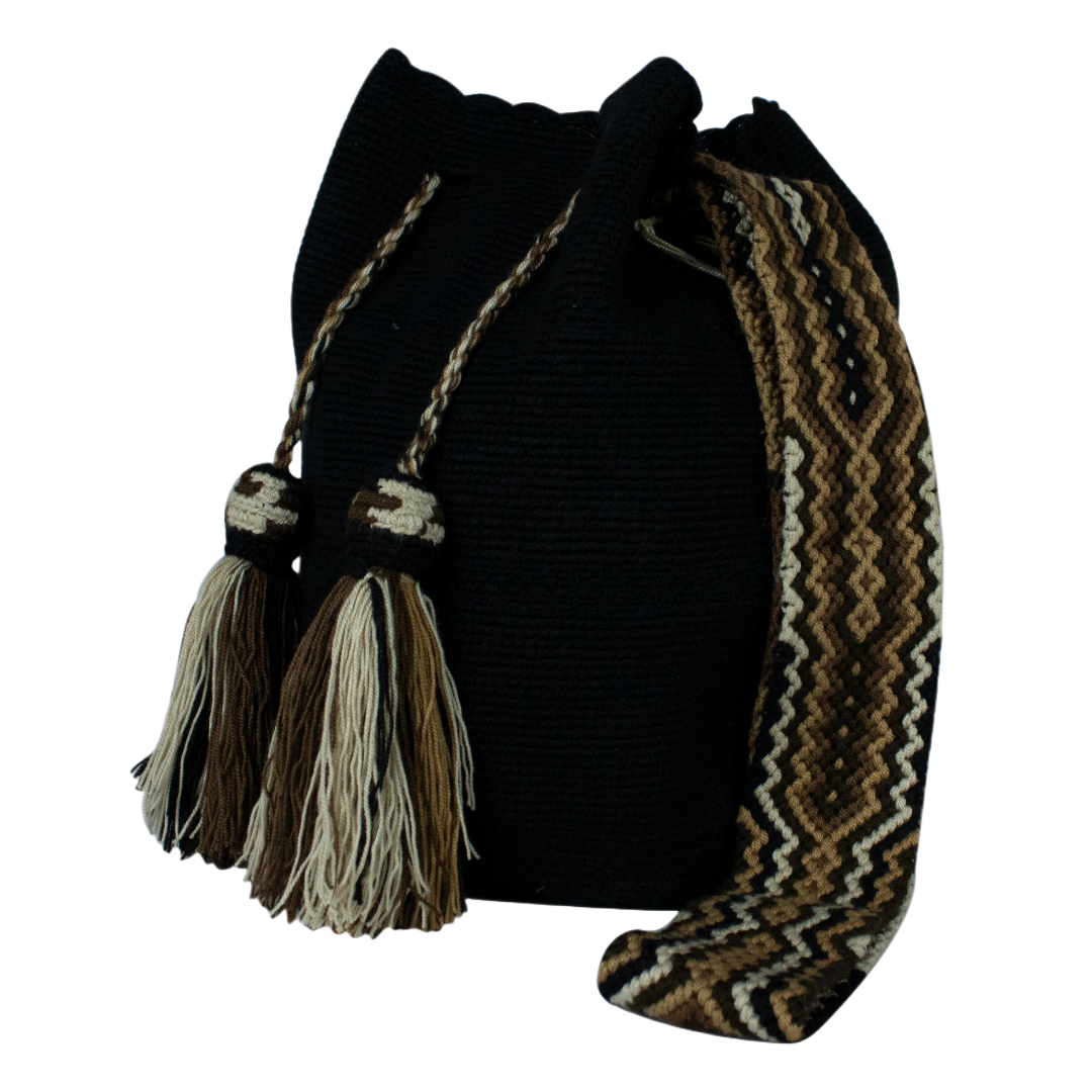 Handmade Wayuu Bag "Tierra" - Black & Brown Ethnic Design