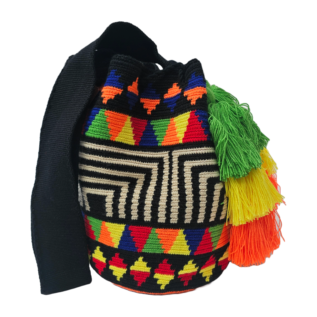 Wayuu Bag – Black Base with Neon Geometric Patterns and Multicolor Tassels