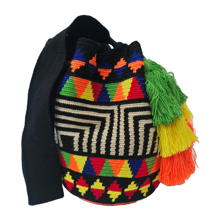 Wayuu Bag – Black Base with Neon Geometric Patterns and Multicolor Tassels