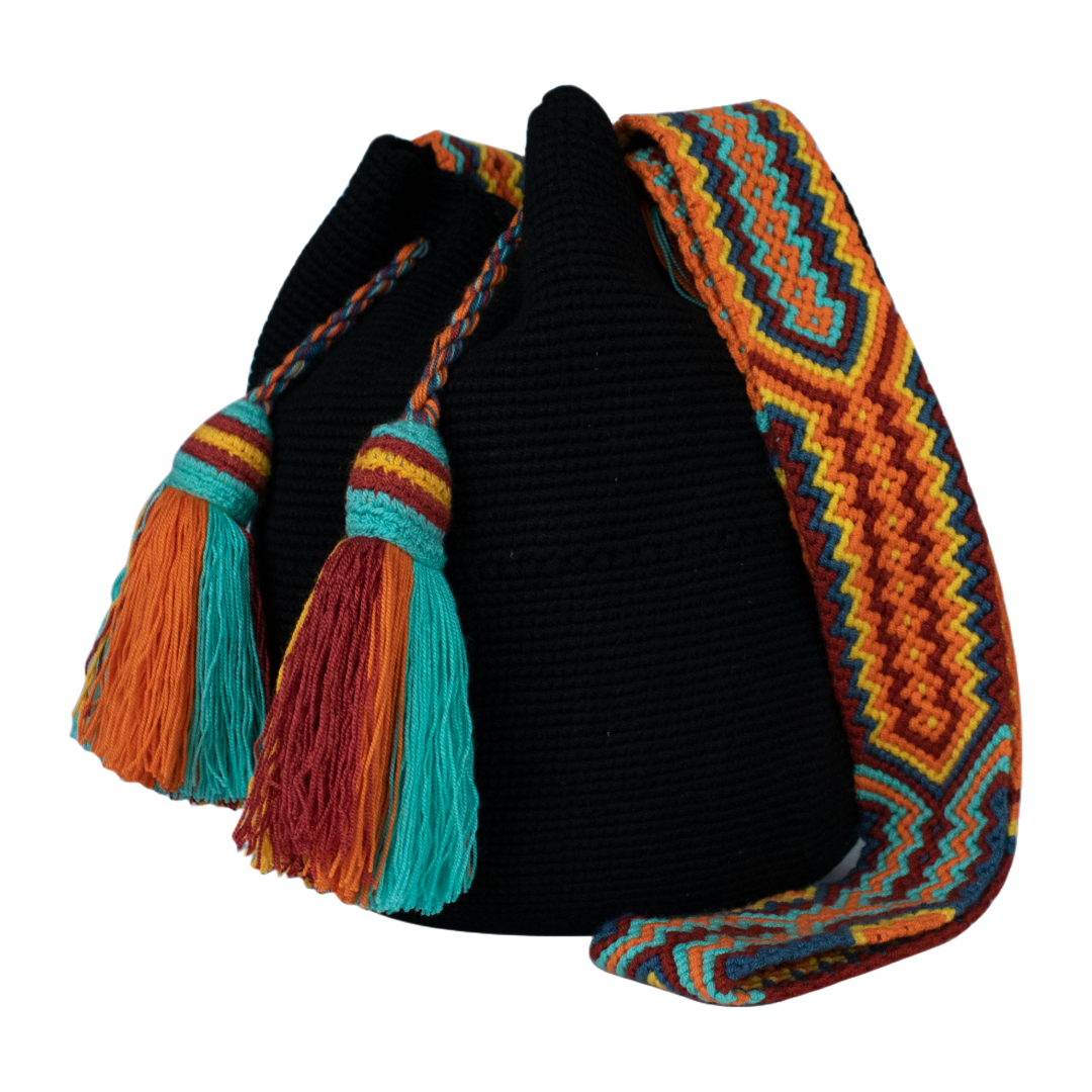 Wayuu Bag – Black Base with Multicolor Strap and Tassels