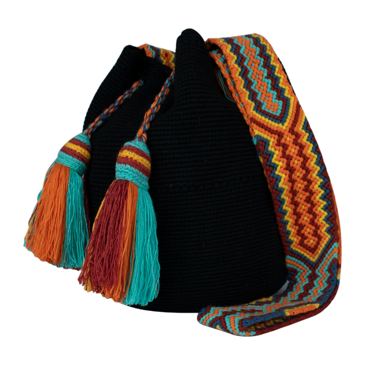 Wayuu Bag – Black Base with Multicolor Strap and Tassels