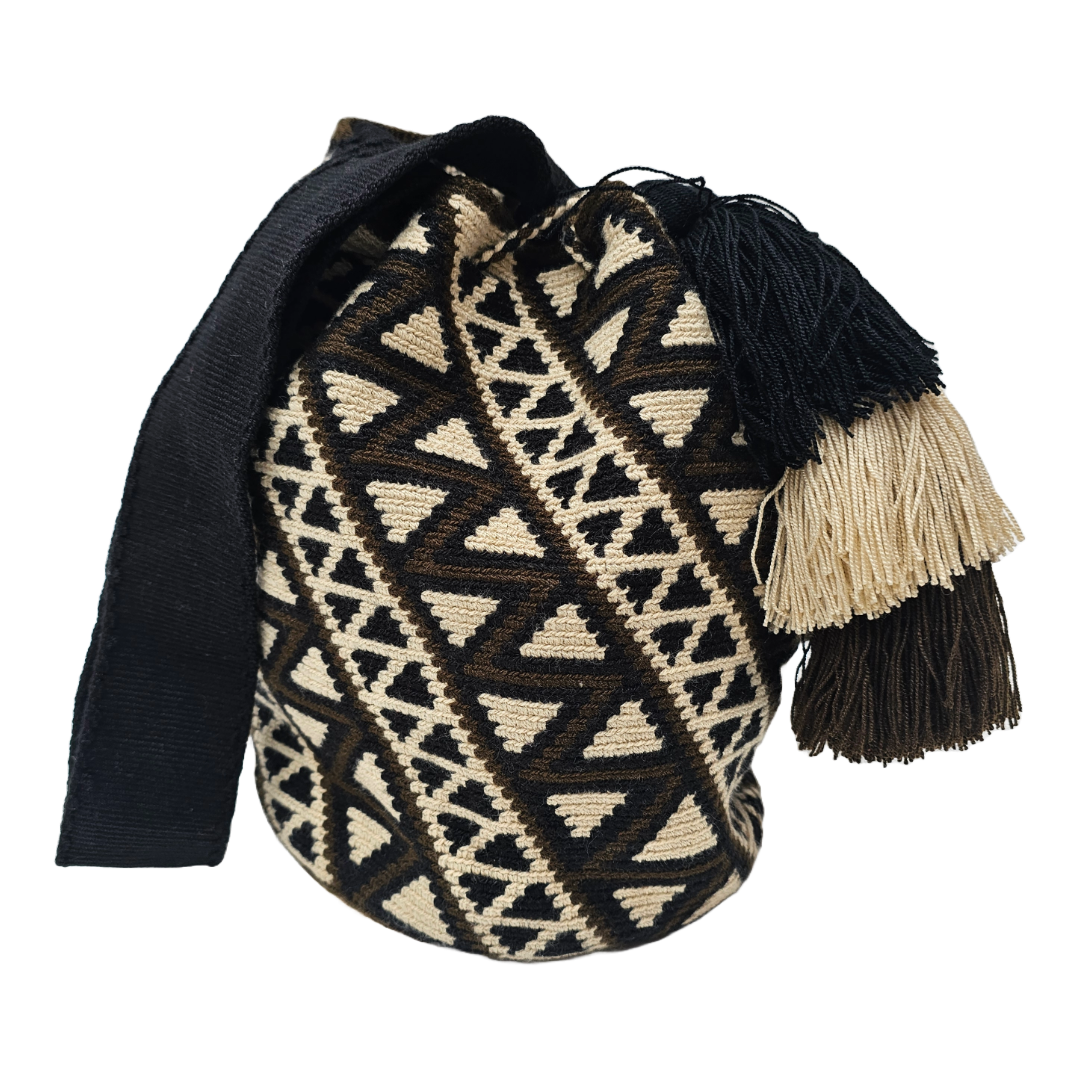 Wayuu Bag – Geometric Tribal Pattern in Black, Brown & Beige