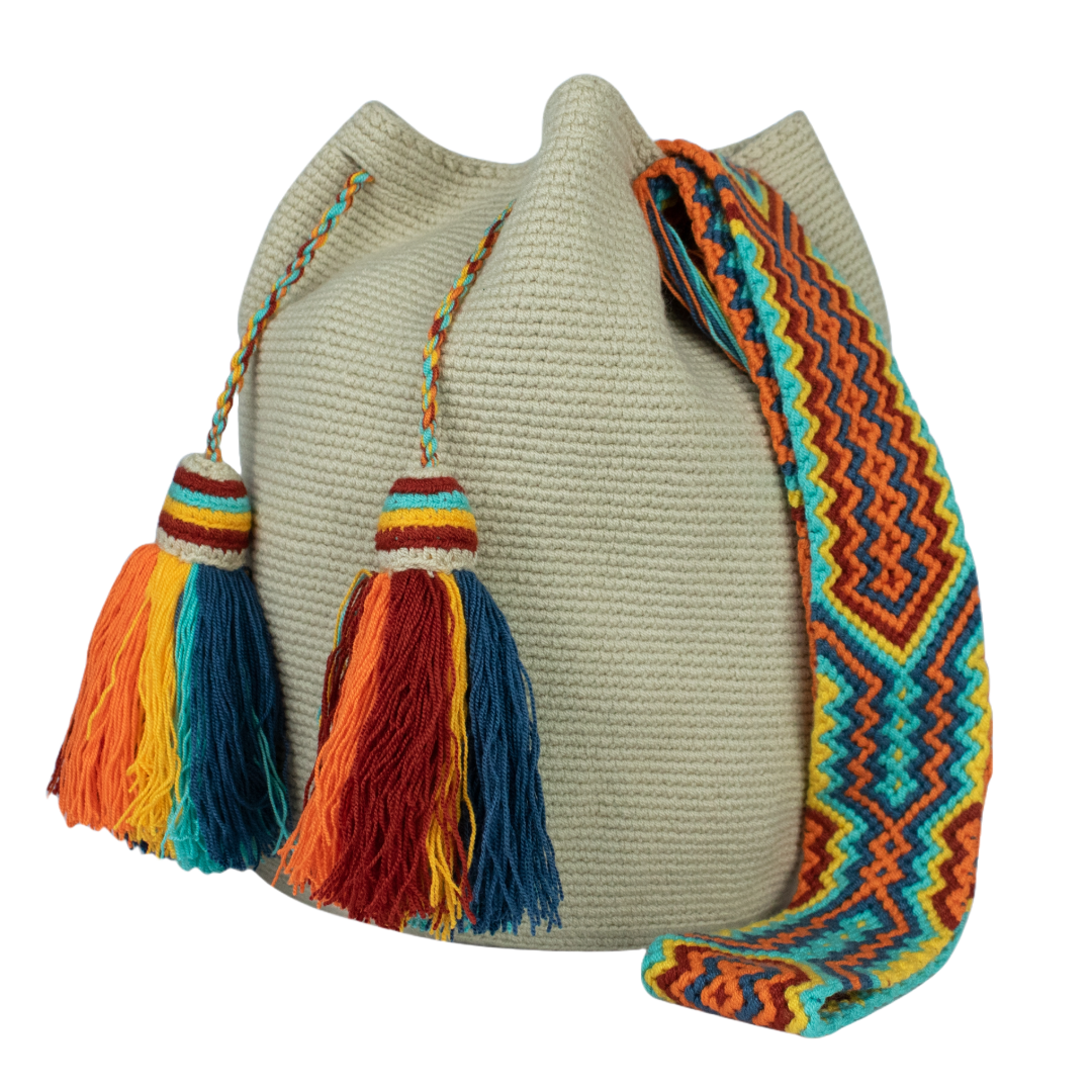 Wayuu Bag – Beige Body with Vibrant Multicolor Strap and Tassels