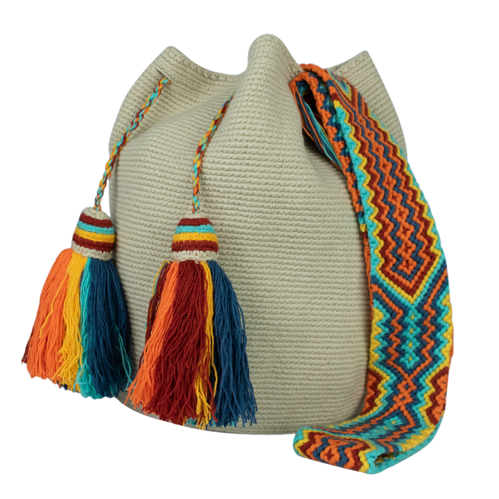 Wayuu Bag – Beige Body with Vibrant Multicolor Strap and Tassels