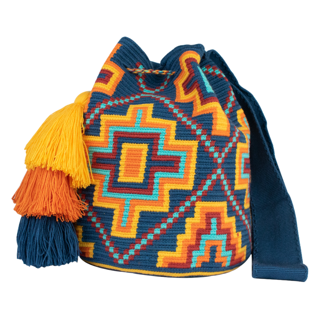 Wayuu Bag – Bold Geometric Pattern in Navy, Yellow & Orange
