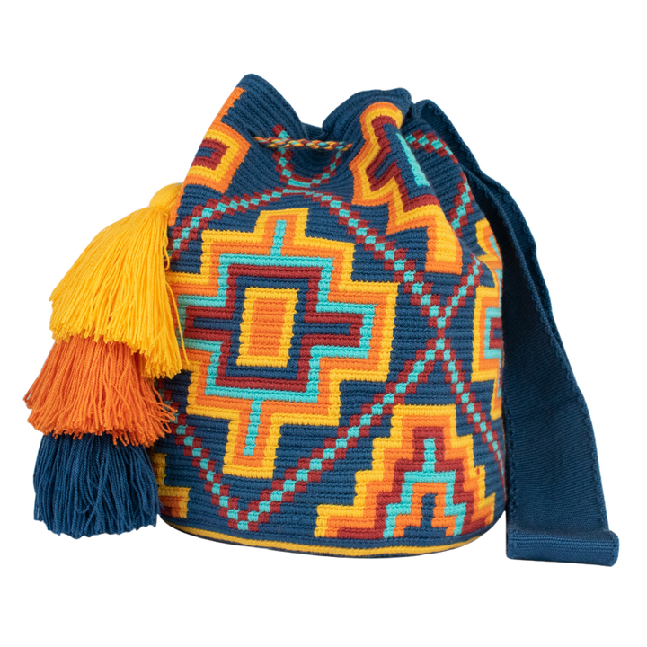 Wayuu Bag – Bold Geometric Pattern in Navy, Yellow & Orange