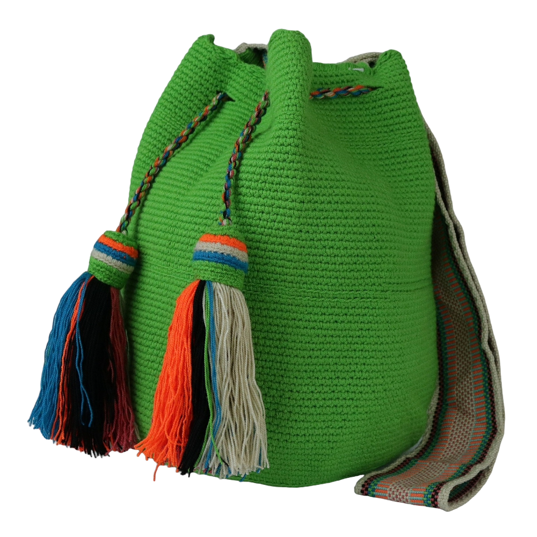 Solid Green Wayuu Bag – Handmade with Multicolor Tassels