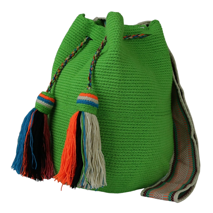Solid Green Wayuu Bag – Handmade with Multicolor Tassels